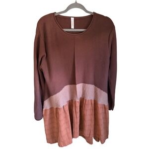 ArA Handmade Knit Tiered Colorblock Tunic Sweater Dress Cotton Brown Lagenlook